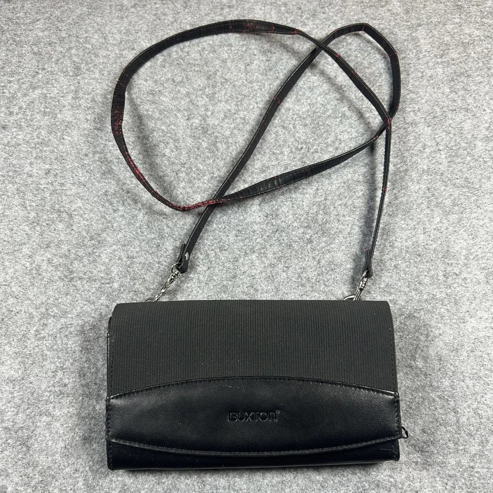Buxton Organizer Crossbody Bag Small Black Leather Ribbed Textile